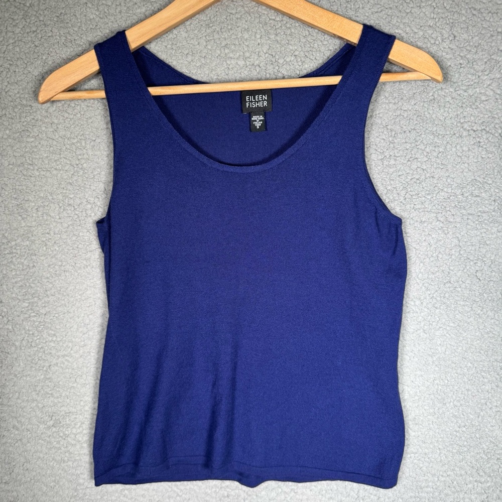 Vintage Eileen Fisher Womens Sleeveless Knit Top Small Blue Italian Yarn
